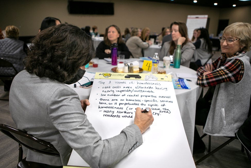 A woman wearing a mask writes notes on a large sheet of paper. 